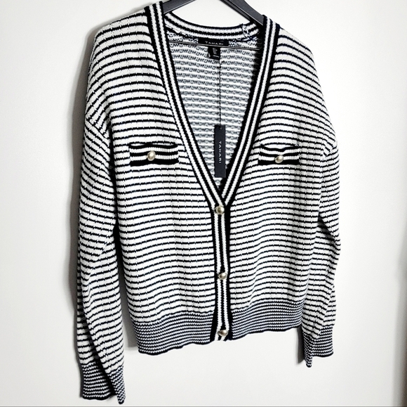 NWT Tahari Navy Stripes Knit Women's Cardigan Sweater Size L - Picture 2 of 7